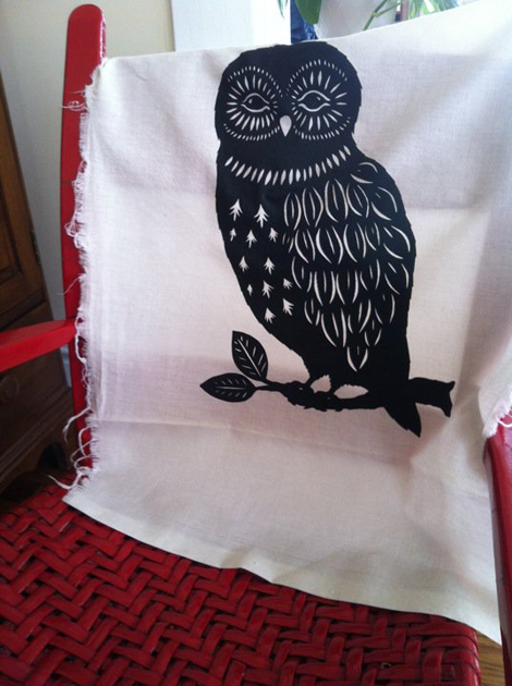 100% Cotton/ Muslin fabric with owl printed on it. Set aside to dry before I heat set it.