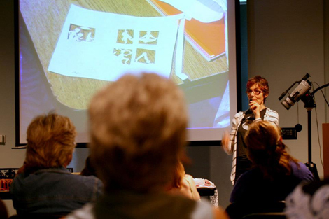 Beatrice Coron presenting at the Topeka Public Library. Image (c) Alice Sabatini Art Gallery.